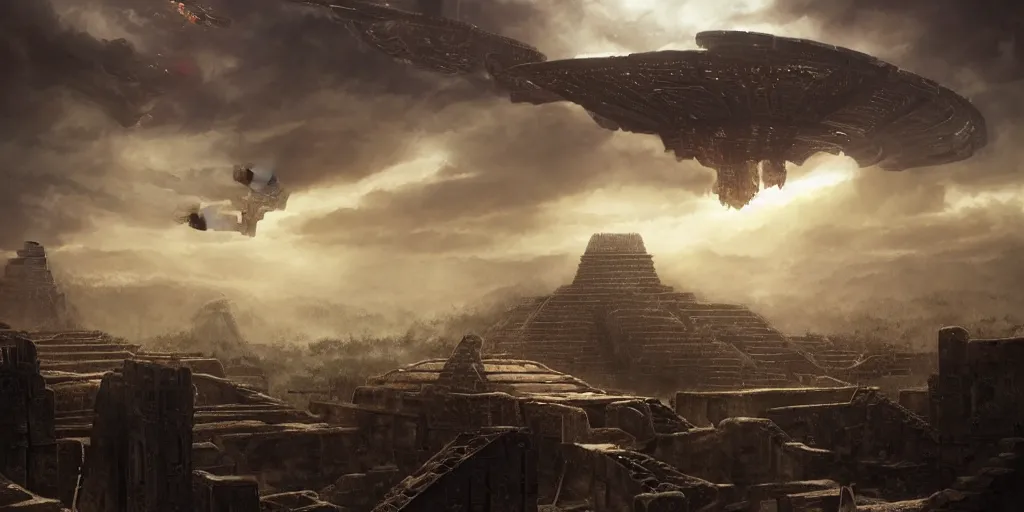 Image similar to A fierce Aztec warrior watches ominous alien spacecraft flying above the Aztec temple. Intense dramatic epic sci-fi cinematic concept artwork in the style of Jacek Pilarski and Greg rutkowski and Sylvain Lorgeou. Panoramic view. Trending on artstation