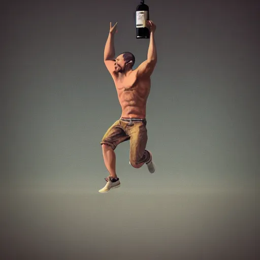 Image similar to artistic rendition of a man jumping in the while holding a bottle, trending on Artstation