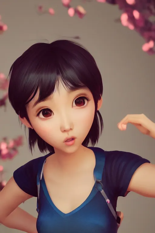 Prompt: a cute Asian girl singing, short stylish hair in the style of DreamWorks animation, mid-shot, low angle view, 16mm lens, award winning, hyper detailed, studio lighting, artstation, octane renderer, unreal engine