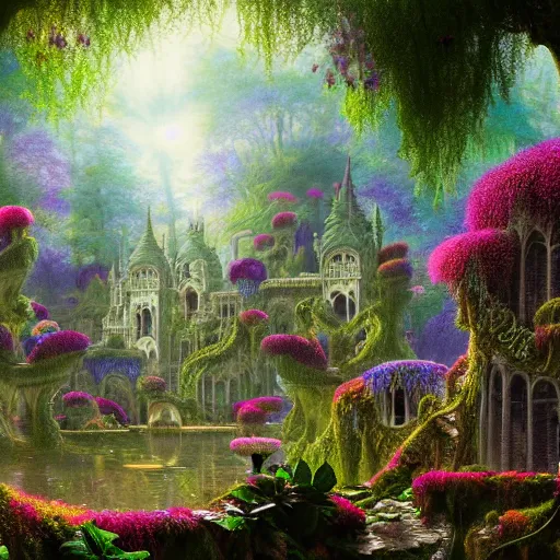 Image similar to a beautiful and highly detailed matte painting of a beautiful dream palace in a magical fantasy forest garden, colorful flowers, psychedelic, epic scale, insanely complex, hyperdetailed, sharp focus, hyperrealism, artstation, cgsociety, 8 k, bright colors, by caspar friedrich, albert bierstadt, james gurney, brian froud,