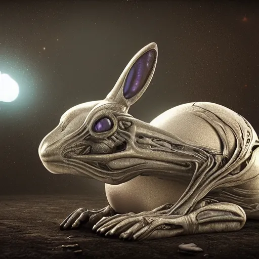 Prompt: alien rabbit in the space by HR giger, octane render, ambient light, glowing eyes