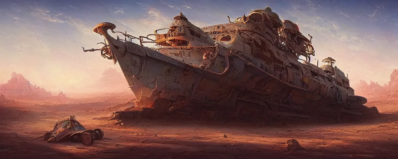 Prompt: a scenic view of an abandoned american cruiser at desert, high details, by james gurney and peter mohrbacher, trending on arstation