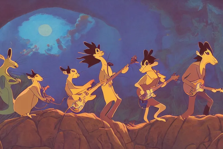 Image similar to rats playing in a rock band inspired by the beatles, beautiful, dreamlike, wholesome, ghibli and disney animation, sharp, intricated, art by ken anderson and mel shaw, bloom, dramatic lighting, brown palette,