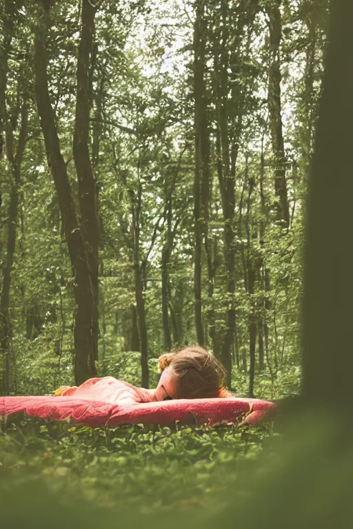 Prompt: girl waking up in the middle of a forest