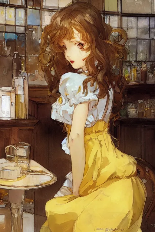 Image similar to A girl in a maid's outfit in a cafe a afternoon, wavy hair yellow theme,S line,45 angel by krenz cushart and mucha and trnyteal