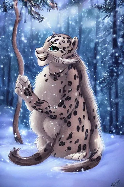 Image similar to a pretty medieval anthropomorphic snow leopard with a fluffy tail in the forest, comic art, trending on furaffinity, cartoon, kawaii, backlighting, furry art!!!, radiant light, bokeh, trending on artstation, digital art