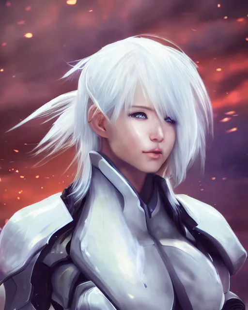 Prompt: perfect white haired girl, warframe armor, beautiful, dreamy, half asian, pretty face, blue eyes, detailed, windy weather, scifi platform, laboratory, experiment, 4 k, ultra realistic, epic lighting, cinematic, high detail, masterpiece, art by akihito tsukushi, akasuki voidstar