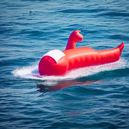 Prompt: large inflatable Donald Trump styled boat off the coast, dslr photo, telephoto lens, 80mm