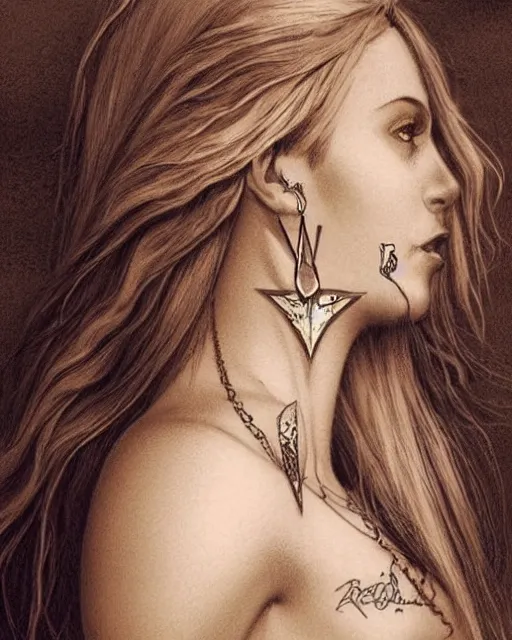 Image similar to tattoo sketch of beautiful greek goddess aphrodite with arrowhead earrings, beautiful piercing eyes, flowing blonde hair, realistic face, hyper realistic, in the style of greg rutkowski, fantasy, amazing detail, epic, intricate, elegant, smooth, sharp focus