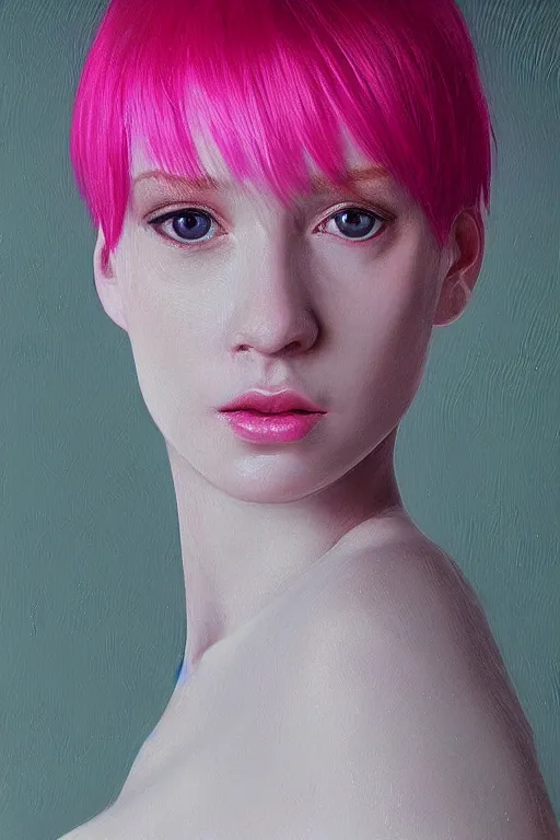 Image similar to “Portrait of a pale skin female with short pink hair, elegant, photorealistic, highly detailed, artstation, smooth, sharp focus, gold, neon lighting, sci-fi, art by Klimt.”