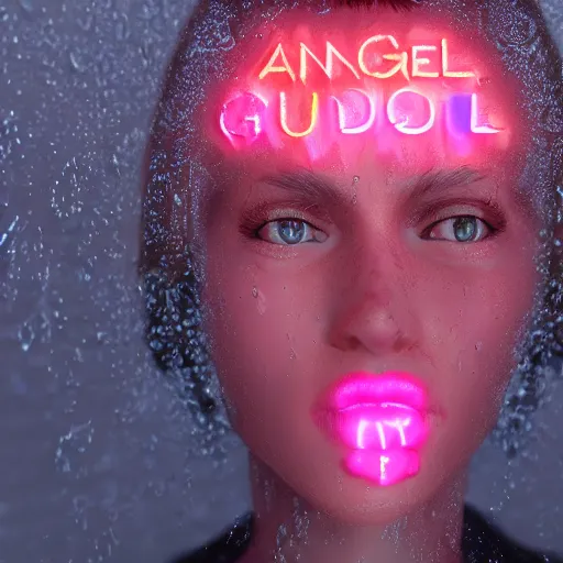 Image similar to angel spirit guide, cartoon portrait made out of rain, realistic, highly detailed, neon, rendered in octane, unreal engine, beautiful, trending on artstation, emotional