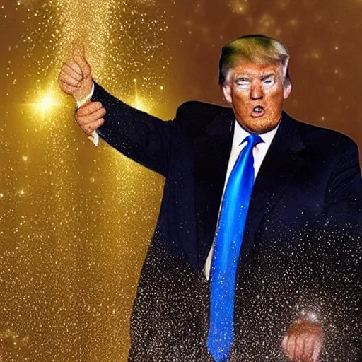 Image similar to Donald Trump dancing in a golden shower while golden rain falls