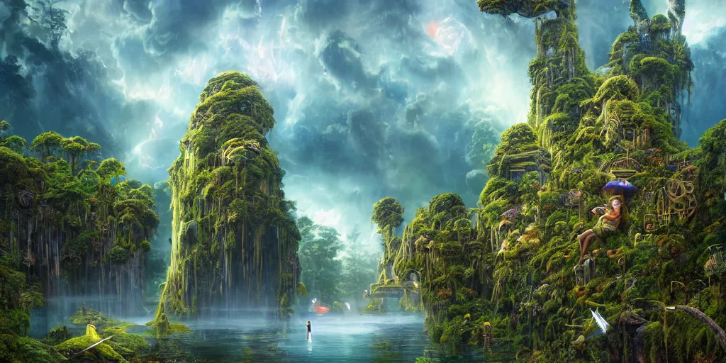 Image similar to balanced masterpiece, fairytale, sci - fi city, mystical lake, monolithic temple, interstellar infinity portal, rainforest mountains, lush plants flowers, epic natural light, bright clouds, luminous sky, outer worlds, bright cinematic lighting, esao andrews, michael cheval, michael whelan, airbrush digital nouveau oil painting, vray, 8 k hd