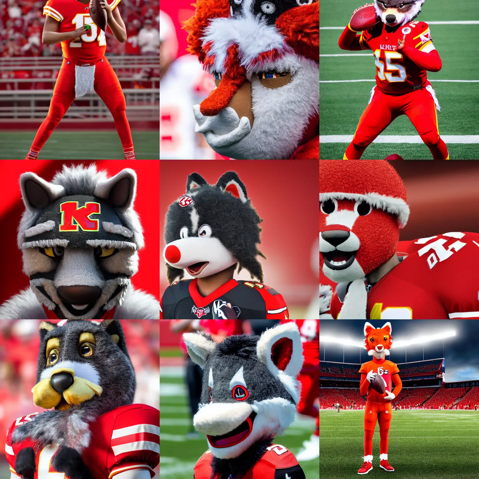 Prompt: a closeup photorealistic photograph of Patrick Mahomes dressed in a KC Wolf mascot costume at Arrowhead Stadium. Football in his hand. This 4K HD image is Trending on Artstation, featured on Behance, well-rendered, extra crisp, features intricate detail and the style of Unreal Engine.