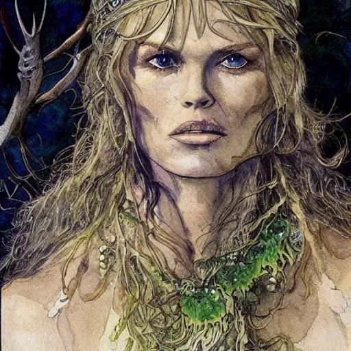 Image similar to a realistic and atmospheric watercolour fantasy character concept art portrait of brigitte bardot as a druidic warrior wizard looking at the camera with an intelligent gaze by rebecca guay, michael kaluta, charles vess and jean moebius giraud