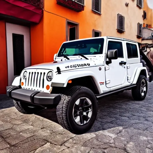 Image similar to Abstract Jeep Wrangler inspired by Italian pizza sauce, in front of a pizza shop in Italy, 4k photography