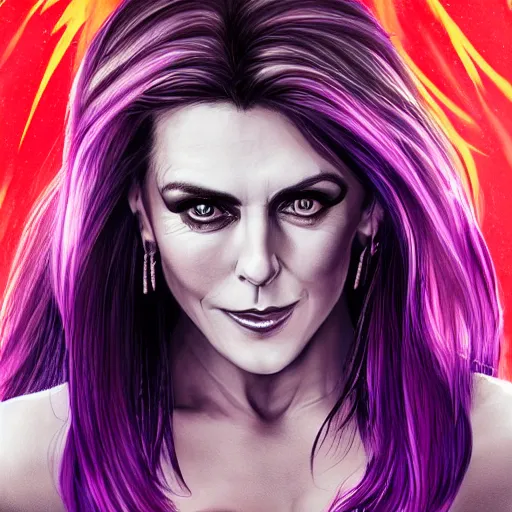 Prompt: illustrated hyper realistic portrait of Elizabeth Hurley as devil with purple-hair, red-dress, epic action pose by rossdraws, award winning epic HD photography