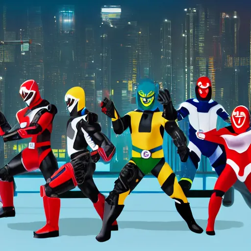 Image similar to a super sentai team of racoons wearing cybernetic ninja gear, hyperrealistic, digital art, cyberpunk, 4 k