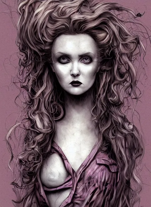 Image similar to surrealism grunge cartoon portrait sketch of lily cole as delirium of the endless from the sandman, by michael karcz, alex ross, brian bolland, horror theme, detailed, elegant, intricate