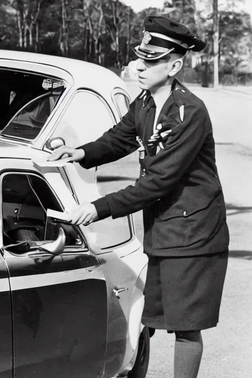 Prompt: a 1 9 5 0 s police officer issuing a ticket on a car