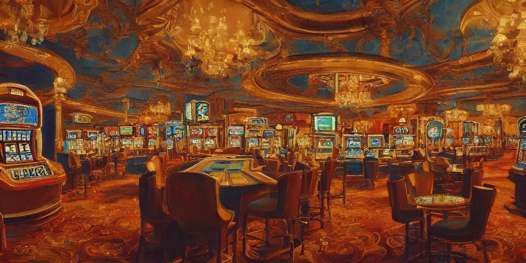 Prompt: Very beautiful painting of a casino room,scene with machines cocktail music, bar chill mist, highly detailed, acrylic painting by ruiz jacques