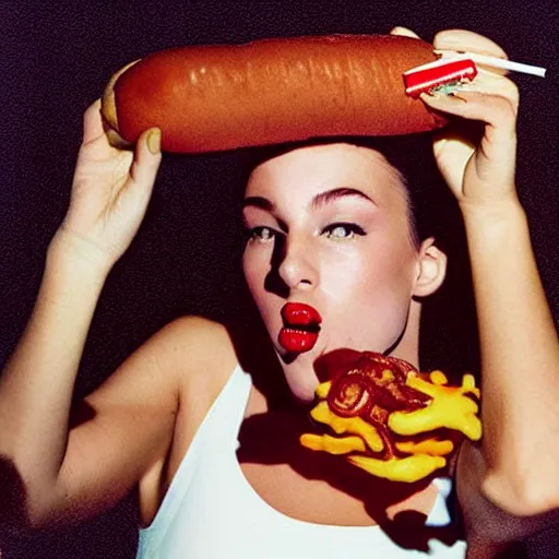 Image similar to a fashion model curls her hair using hot dogs. surreal photograph, toiletpaper magazine, 3 5 mm photograph, by pierpaolo ferrari, maurizio cattelan