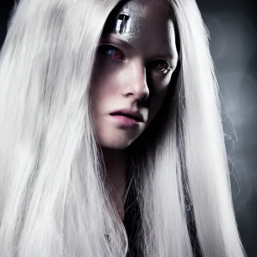 Prompt: portrait of a future cyberpunk character, beautiful female, high fashion, long white hair, stunning face, dark background and dramatic lighting, cinematic, 5 0 mm lens, low dof