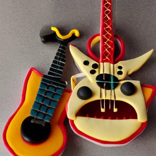 Prompt: an extremely high quality photo of a surreal helicopter-guitar-sandwich, the polymer clay creation, a hybrid mixture of sandwichguitarhelicopter and guitarsandwichelicopter, promotional photo, 4k food photography