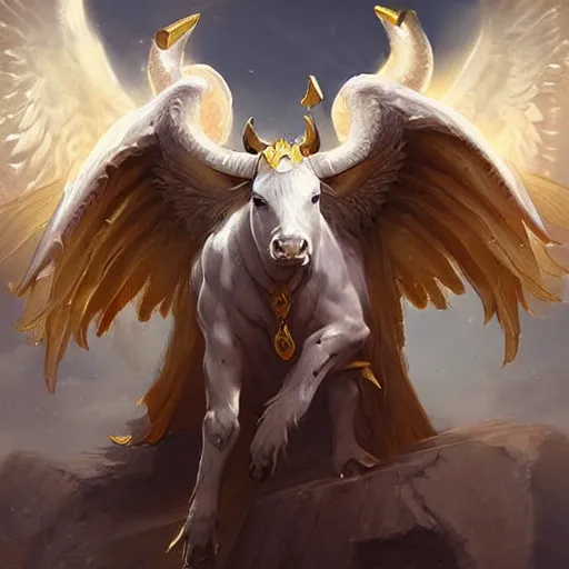 Image similar to a white bull with angelic wings and golden horns, epic fantasy digital art, fantasy style art, by Greg Rutkowski, fantasy hearthstone card art style