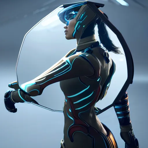 Image similar to female warframe in mirror reflective outfit, 8k resolution, high detail, ULTRA REALISTIC VFX, reflections, octane render, CGSociety