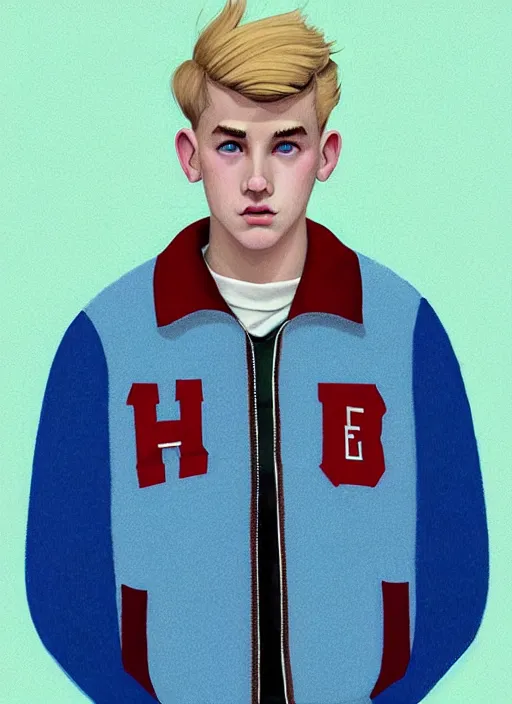 Image similar to portrait of a high school senior boy named moose mason, blonde short hair, jock, beefy, square jaw, square facial structure, 1 9 5 0 s, blue varsity jacket, intricate, elegant, glowing lights, highly detailed, digital painting, artstation, concept art, smooth, sharp focus, illustration, art by wlop, mars ravelo and greg rutkowski