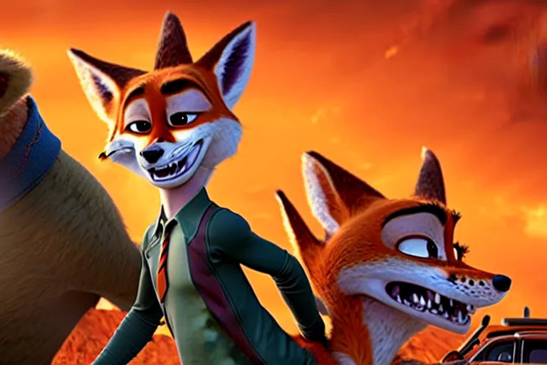 Image similar to nick wilde ( from zootopia ), heavily armed and armored facing down armageddon in a dark and gritty reboot from the makers of mad max : fury road