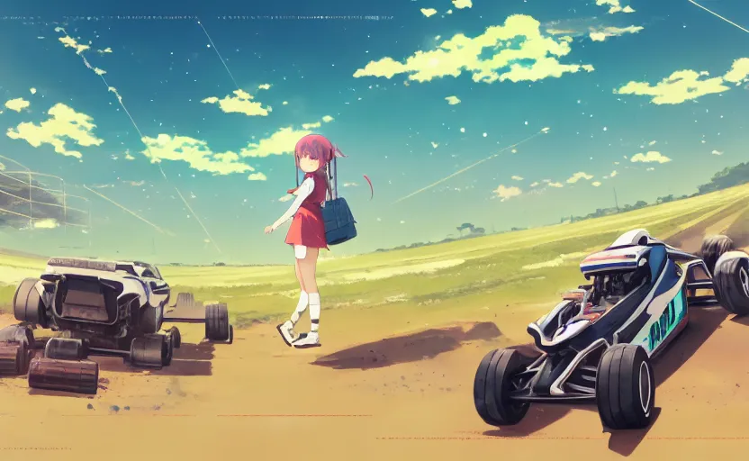 Prompt: a high school girl launch a mini 4 wd, clear summer sky background, dirt and luch landscape, illustration concept art anime key visual trending pixiv fanbox by wlop and greg rutkowski and makoto shinkai and studio ghibli and kyoto animation, tamiya cars, scale race circuit, backlit