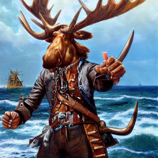 Image similar to anthropomorphic moose pirate humanoid by johan grenier, pirate ship, sea, fantasy