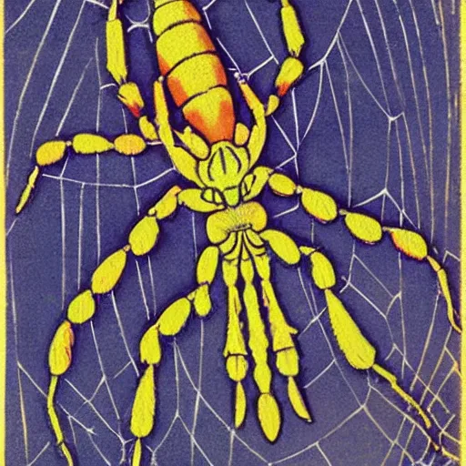 Image similar to a girl with a spider, colored woodcut, flat pastel colors, by Mackintosh, art noveau, by Ernst Haeckel