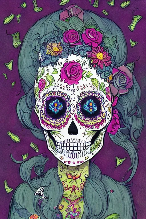 Image similar to Illustration of a sugar skull day of the dead girl, art by david wiesner