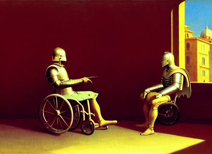 Image similar to knight in armor in a wheelchair do tricks & watch old tv, rome, highly detailed, soft lighting, elegant, by edward hopper and james gillard, zdislaw beksinski, stephen outram, andreas m wiese, carl spitzweg, highly detailed, masterpiece, unreal 6, 8 k