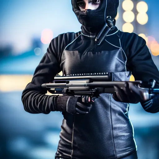 Image similar to photographic portrait of a techwear woman holding a shotgun, closeup, on the rooftop of a futuristic city at night, sigma 85mm f/1.4, 4k, depth of field, high resolution, 4k, 8k, hd, full color