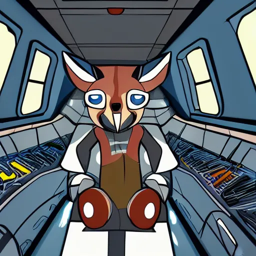 Image similar to an anthropomorphic kangaroo in a spaceship, interior photo, anime style, futuristic, cell shading high resolution