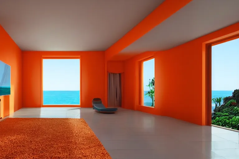 Image similar to a room with orange walls white floor contrabas, a big window with a view of the beach and sea, beautiful cinematic masterpiece very detailed