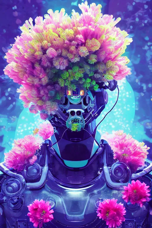 Prompt: closeup, underwater digital painting of a robot wearing a suit made of flowers, character portrait by fillip hodas, cgsociety, panfuturism, made of flowers, holographic, synthwave, vaporwave