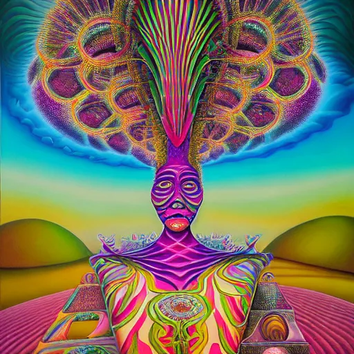 Image similar to a regal and elegant african queen with a colorful afro sitting in a cabana near a large steampunk pyramid near a pink river with a large glowing baobab tree, by amanda sage and alex grey and evgeni gordiets in a surreal psychedelic style, oil on canvas 8k, hd