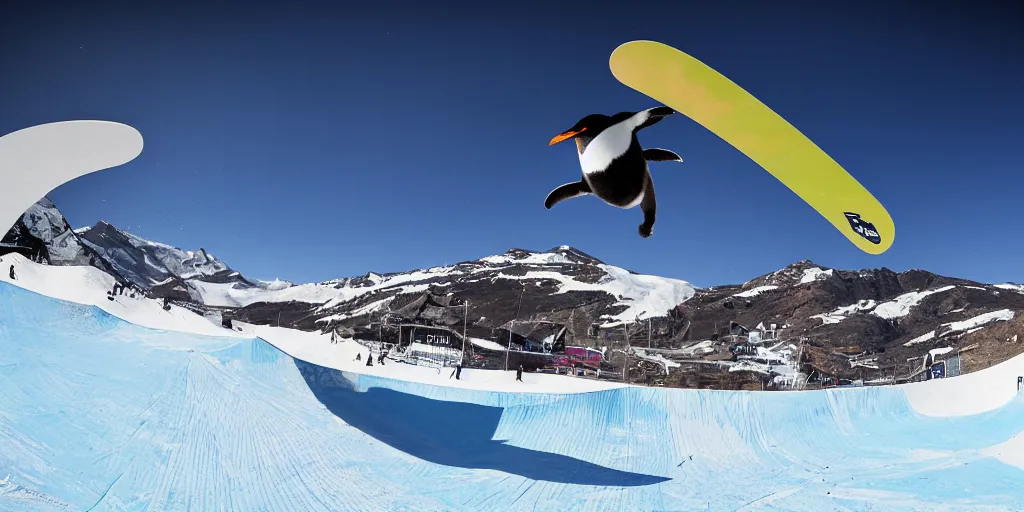 Prompt: ultrawide angle, high speed sporting photography of a penguin on a snowboard in the halfpipe winning the olympic medal, extremely detailed, 8 l