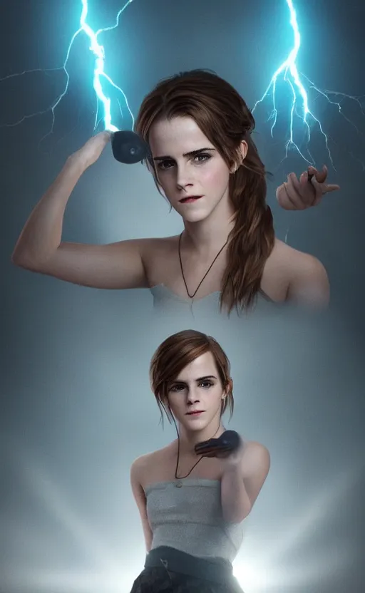 Prompt: Emma Watson casting an electricity spell. Digital art trending on artstation. 4k. Tyndall effect.