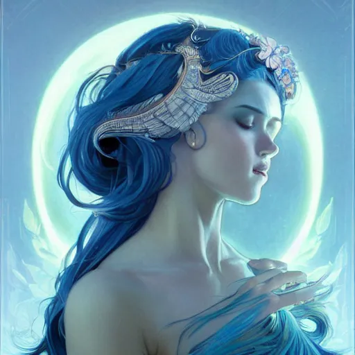 Image similar to goddess, blue hair, intricate, elegant, ethereal, highly detailed, retro, digital painting, artstation, concept art, smooth, sharp focus, full body shot, illustration, art by artgerm and greg rutkowski and alphonse mucha