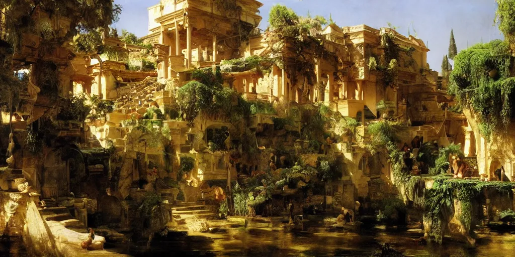 Image similar to beautiful landscape oil matte painting, of bustling empire hanging gardens of babylon, art by anders zorn, wonderful masterpiece highly detailed, beautiful cinematic light deep focus, elegant, digital painting, smooth, sharp focus, golden ratio, dramatic illumination, ultra realistic, 8 k, art by artemisia lomi gentileschi and caravaggio