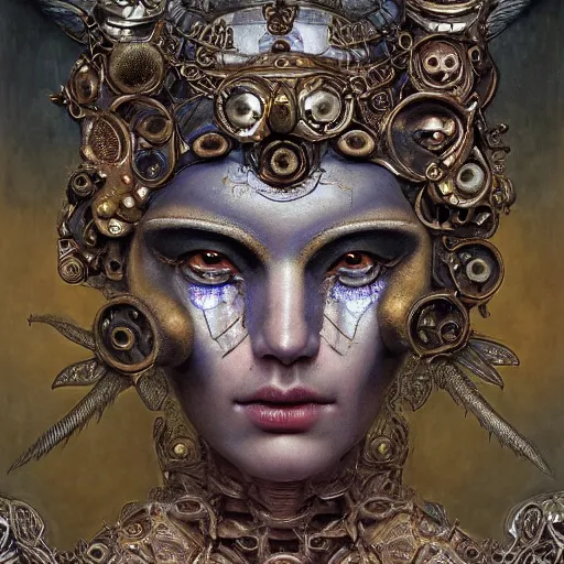 Prompt: a baroque neoclassicist close - up renaissance portrait of a beautiful rusted mechanical faerie queen with glowing eyes, moth wings with geometric patterns, reflective detailed textures, baroque dark fantasy science fiction painting by donato giancola and diego rivera and jean delville and moebius, dramatic lighting, silver and muted colors, artstation, octane render