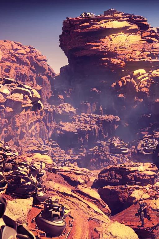 Prompt: mechanoids mining resources in a vast futuristic rocky landscape in the style of thomas cole, raytracing, 8 k, octane render, volumetric, vivid, beautiful, hyperrealism