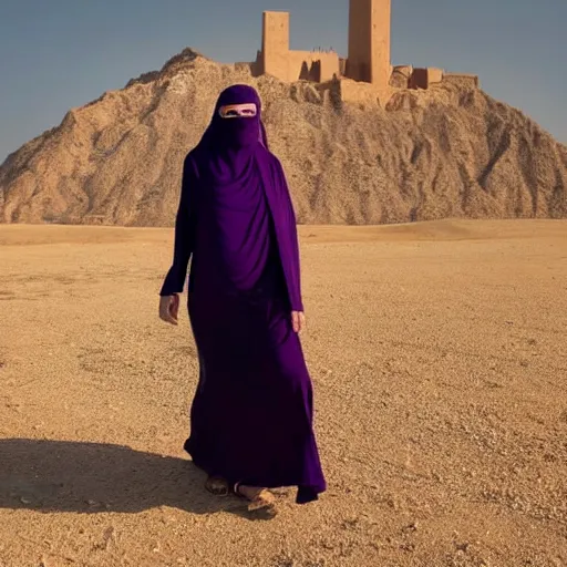 Prompt: low shot photo of feminine and lean arab woman wearing a long purple dress, wearing burqa, strutting, with najdi mud houses in the background, in the style of annie leibovitz amd steve meiele