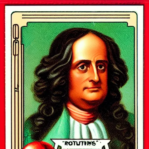 Image similar to mint condition topps rookie card trending on ebay of Isaac Newton inventing calculus while holding a red apple